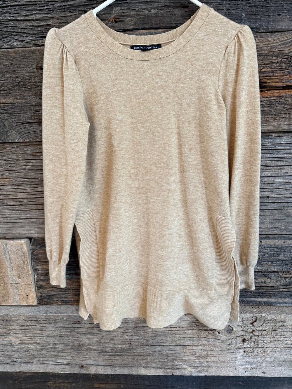 Boston Proper Beige Sweater Tunic Puff Sleeve Side Split Ribbed Hem Knit Top XS